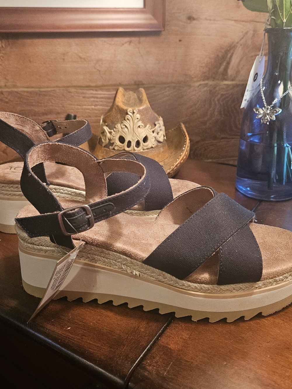 Toms Black Crisscross Wedge Sandals with Ankle Strap - Picture 7 of 10